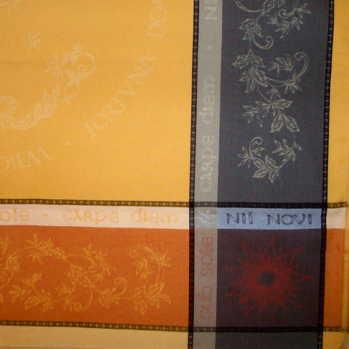 French Jacquard Tablecloth Collection "Carpe Diem" Yellow/Taupe (corner shown)